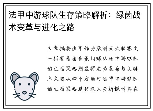 法甲中游球队生存策略解析：绿茵战术变革与进化之路