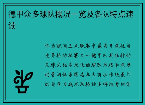 德甲众多球队概况一览及各队特点速读