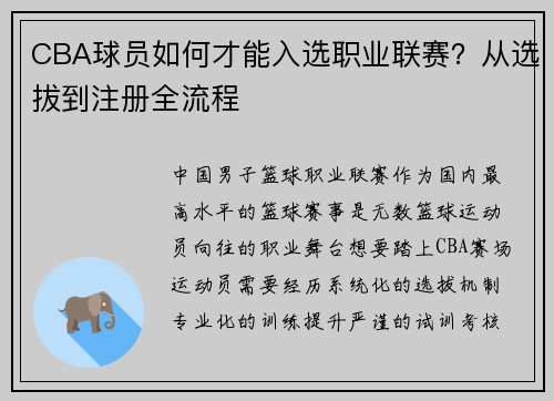 CBA球员如何才能入选职业联赛？从选拔到注册全流程
