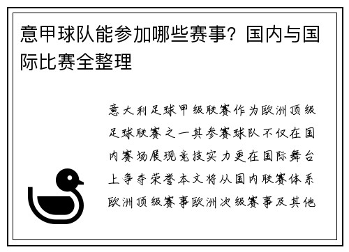 意甲球队能参加哪些赛事？国内与国际比赛全整理